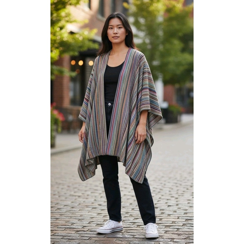 Vtg Marcia Lyons One size Multi Color Striped Woven Knit Open Front Poncho Wrap